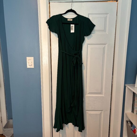 Audrey 3+1 Ruffled High-Low Wrap Maxi Dress - Hunter Green, Size Small - Picture 2 of 8